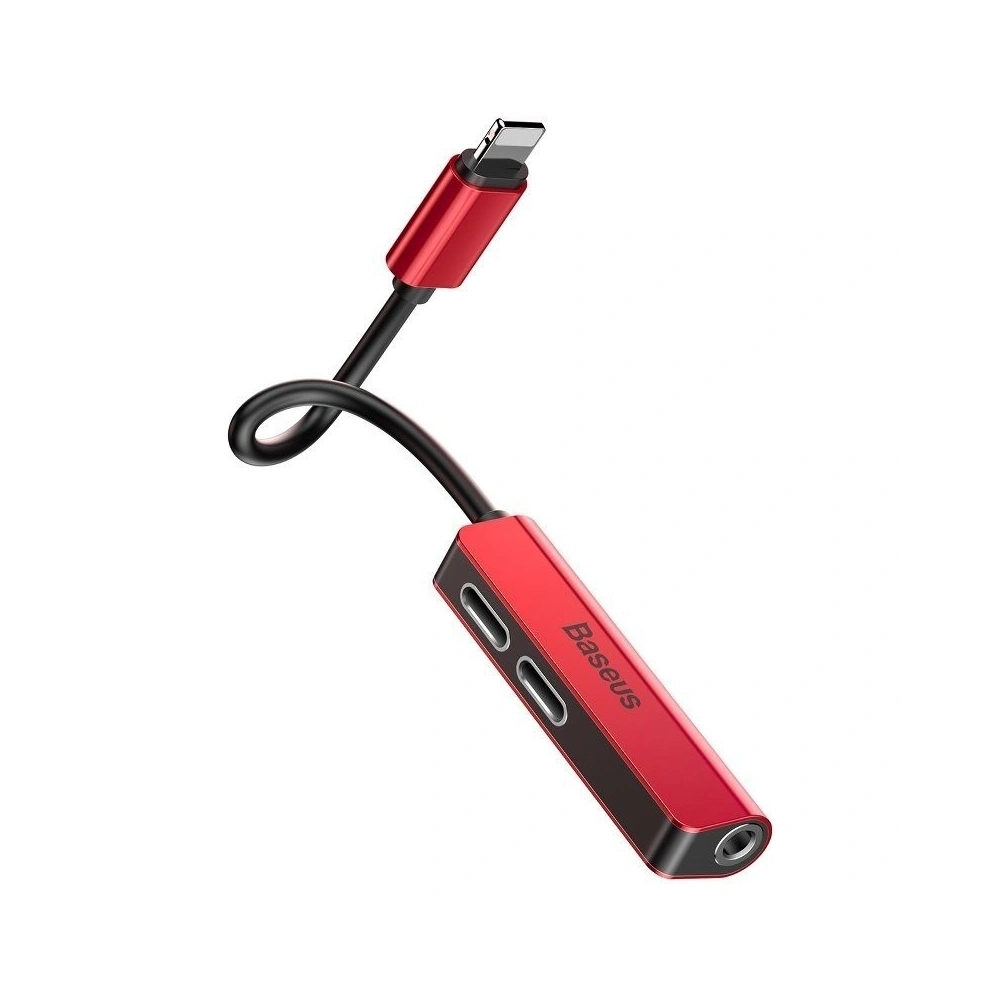 Adapter Audio Baseus L52 Lightning do Mini Jack 3.5mm i 2x Lightning (czerwony)