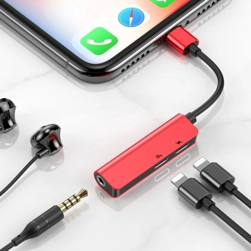 Kup Audio adapter Baseus L52 Lightning Mini Jack 3.5mm és 2x Lightning (piros) - BSU651RED - {ean13} - Sklep Home Screen