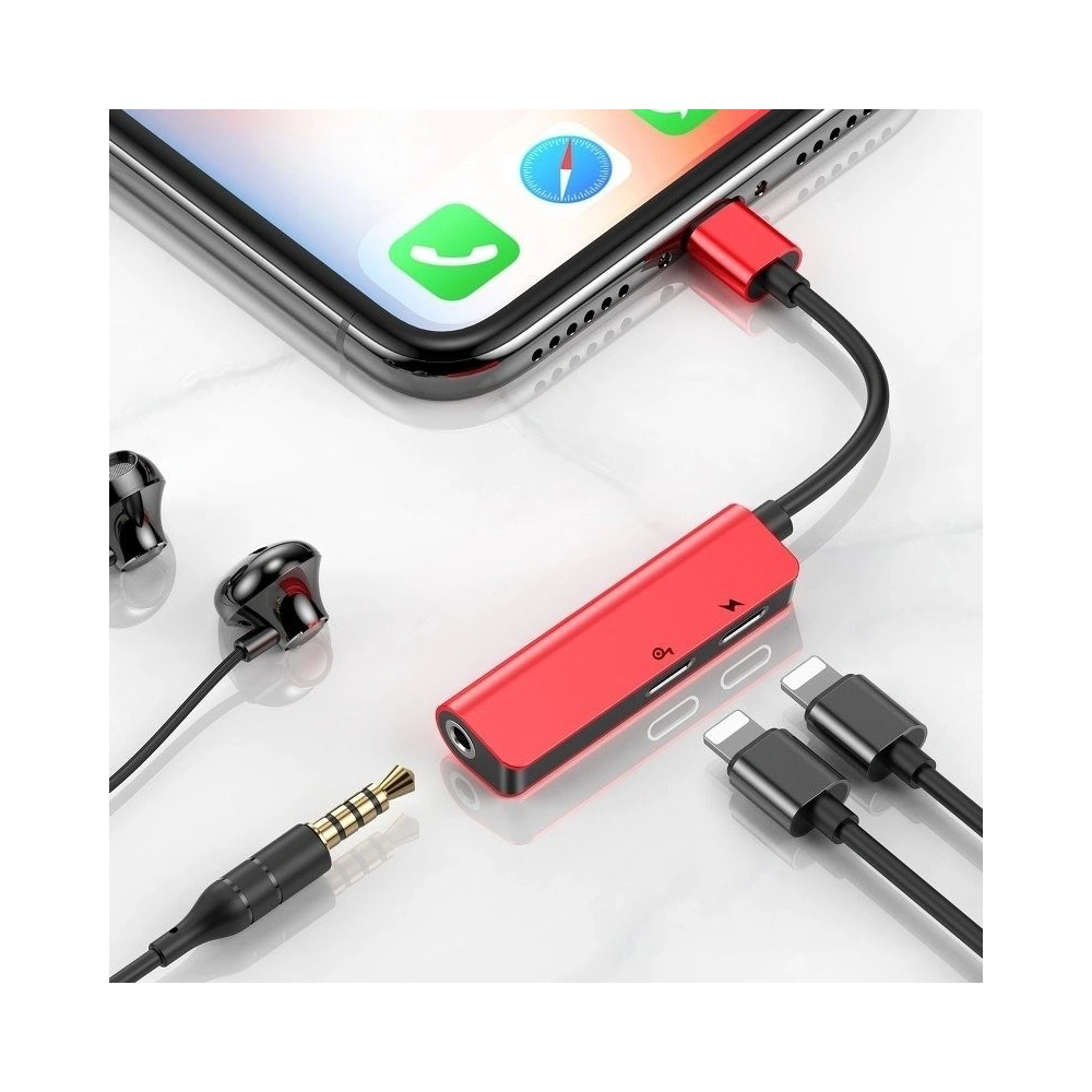 Adapter Audio Baseus L52 Lightning do Mini Jack 3.5mm i 2x Lightning (czerwony)
