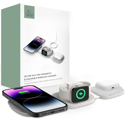 Kup Încărcător wireless Tech-Protect QI15W-A32 3in1 Magnetic Magsafe Wireless Charger Grey + cablu USB-C / USB-C 120cm - THP2773 - {ean13} - Sklep Home Screen