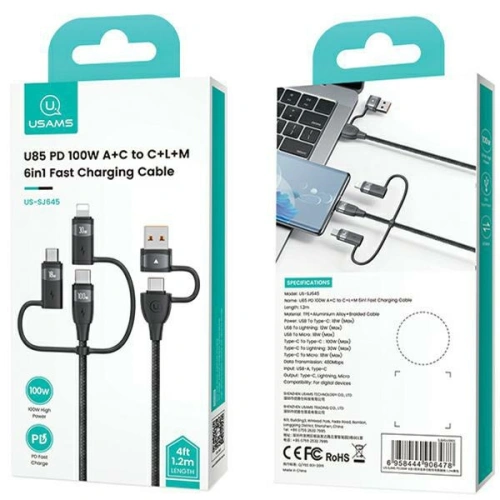 Kup Cablul USAMS US-SJ645 U85 USB-A+USB-C/USB-C, Lightning, microUSB 6w1 1,2m 100W PD Încărcare Rapidă negru/black - USA1098 - {ean13} - Sklep Home Screen