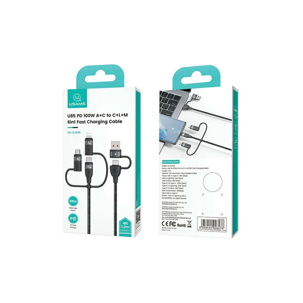 Kabel USAMS US-SJ645 U85 USB-A+USB-C/USB-C, Lightning, microUSB 6w1 1,2m 100W PD Fast Charge czarny/black