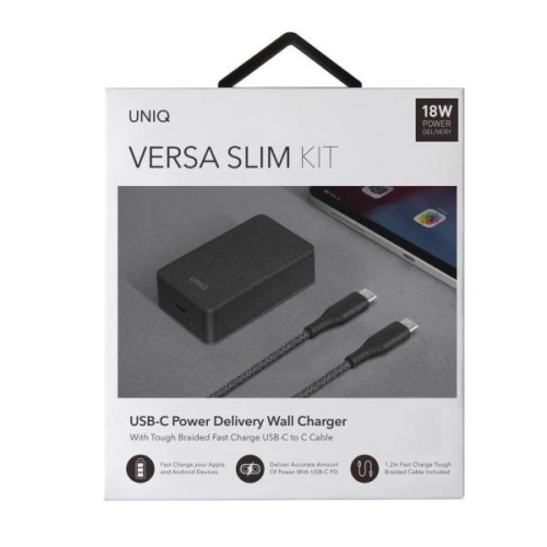 Kup UNIQ Ladă. rețea. Versa Slim USB-C PD 18W + cablu USB-C la USB-C negru/charcoal black (LITHOS Collective) - UNIQ136BLK - {ean13} - Sklep Home Screen