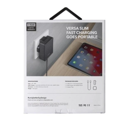 Kup UNIQ Ladă. rețea. Versa Slim USB-C PD 18W + cablu USB-C la USB-C negru/charcoal black (LITHOS Collective) - UNIQ136BLK - {ean13} - Sklep Home Screen