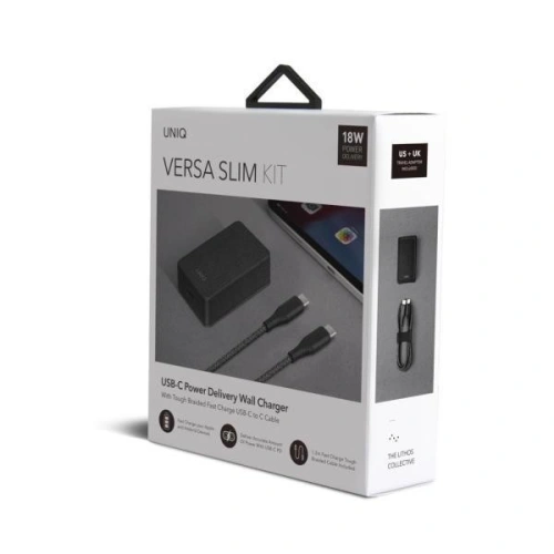 Kup UNIQ Ladă. rețea. Versa Slim USB-C PD 18W + cablu USB-C la USB-C negru/charcoal black (LITHOS Collective) - UNIQ136BLK - {ean13} - Sklep Home Screen