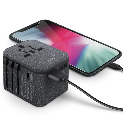 Kup UNIQ Lădiță. rețea. Adaptator mondial Voyage 33W + 2xUSB + PD 18W + QC 3.0 gri/charcoal grey (LITHOS Collective) - UNIQ137GRY - {ean13} - Sklep Home Screen