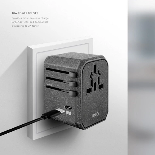 Kup UNIQ Lădiță. rețea. Adaptator mondial Voyage 33W + 2xUSB + PD 18W + QC 3.0 gri/charcoal grey (LITHOS Collective) - UNIQ137GRY - {ean13} - Sklep Home Screen