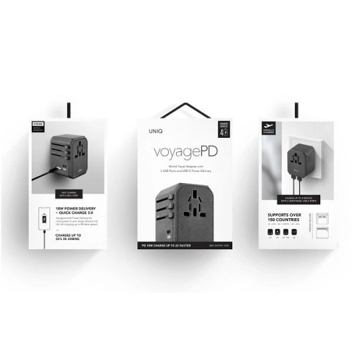 Kup UNIQ Lădiță. rețea. Adaptator mondial Voyage 33W + 2xUSB + PD 18W + QC 3.0 gri/charcoal grey (LITHOS Collective) - UNIQ137GRY - {ean13} - Sklep Home Screen