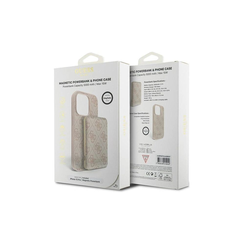 Zestaw Guess GUBPM5P15L4GEMGP Apple iPhone 15 Pro hardcase + Powerbank 5000mAh MagSafe 4G Metal Logo różowy/pink