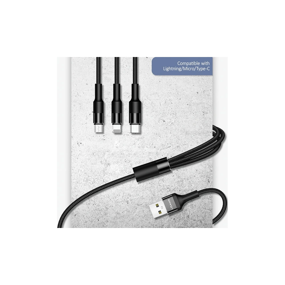 Kabel 3w1 USAMS U5 US-SJ219 USB-A / Lightning / microUSB / USB-C 1,5m 2A czarny/black