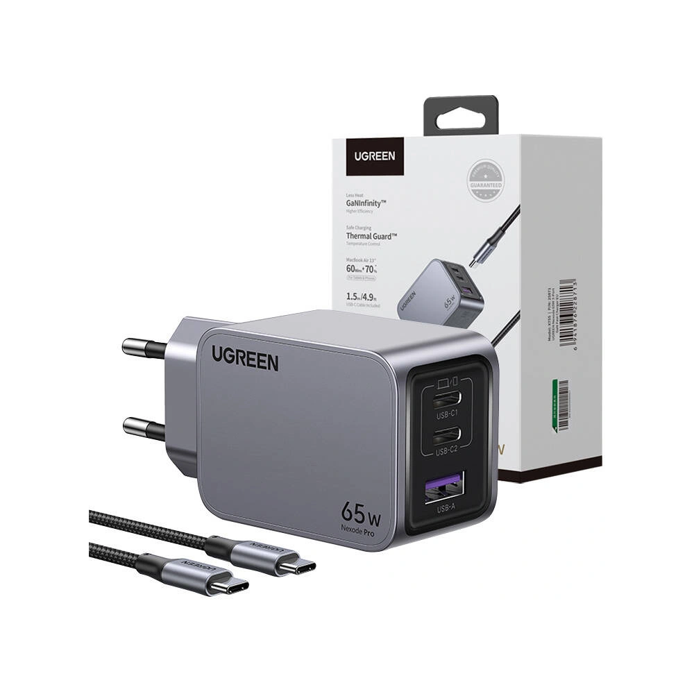 Ładowarka sieciowa UGREEN Nexode Pro USB-A, 2xUSB-C 65W + kabel USB-C / USB-C 1.5m czarna