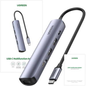 Kup UGREEN Revodok CM418 Adapter USB-C / 2xUSB-A, HDMI 4K30Hz, RJ45 1Gbps, PD 100W grau - UGR1835 - {ean13} - Sklep Home Screen