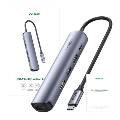 Kup UGREEN Revodok CM418 Adapter USB-C / 2xUSB-A, HDMI 4K30Hz, RJ45 1Gbps, PD 100W grau - UGR1835 - {ean13} - Sklep Home Screen