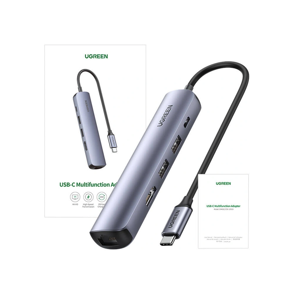 Adapter UGREEN Revodok CM418 USB-C / 2xUSB-A, HDMI 4K30Hz, RJ45 1Gbps, PD 100W szary