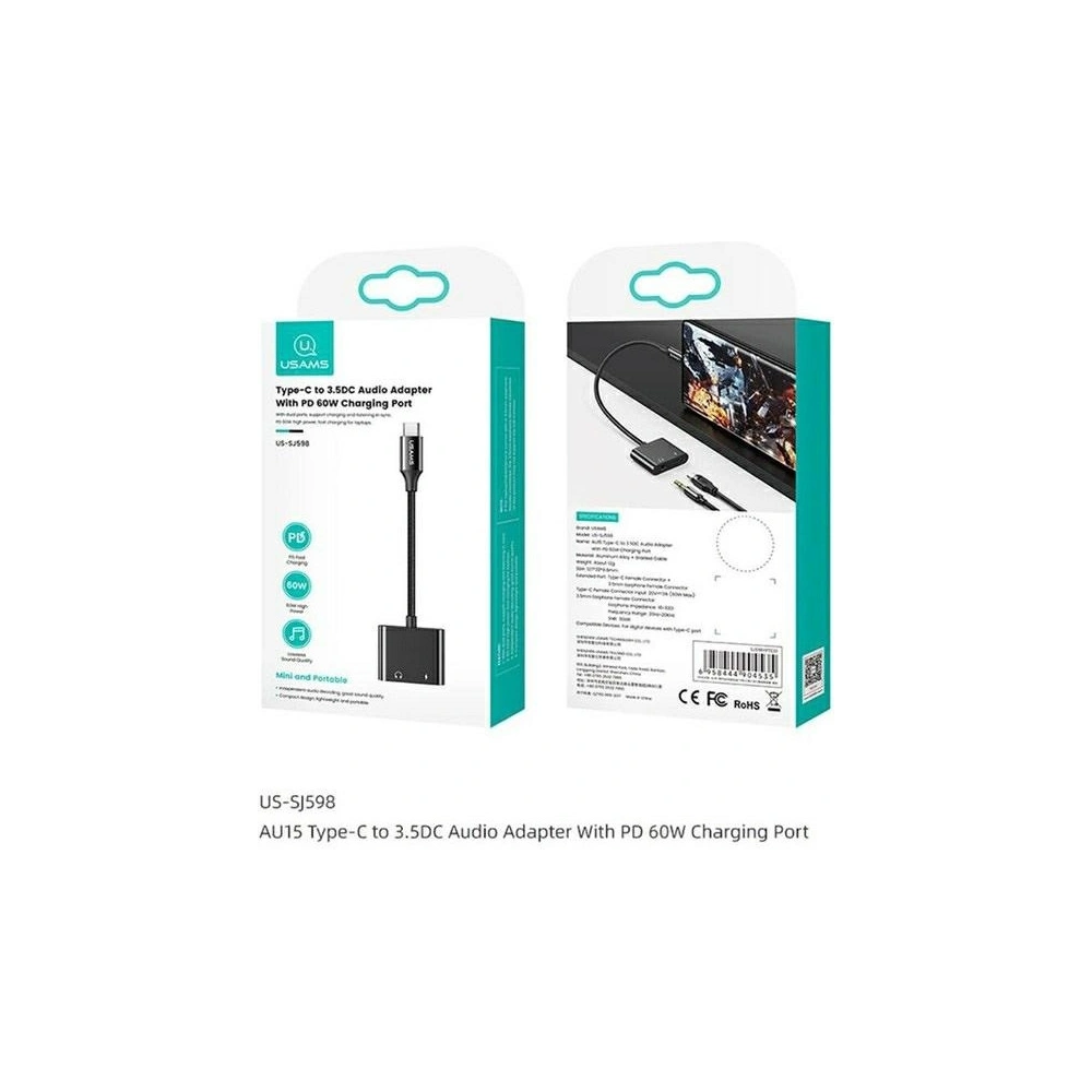 Adapter USAMS AU15 US-SJ598 USB-C / jack 3.5m DAC, USB-C PD 60W czarny/black