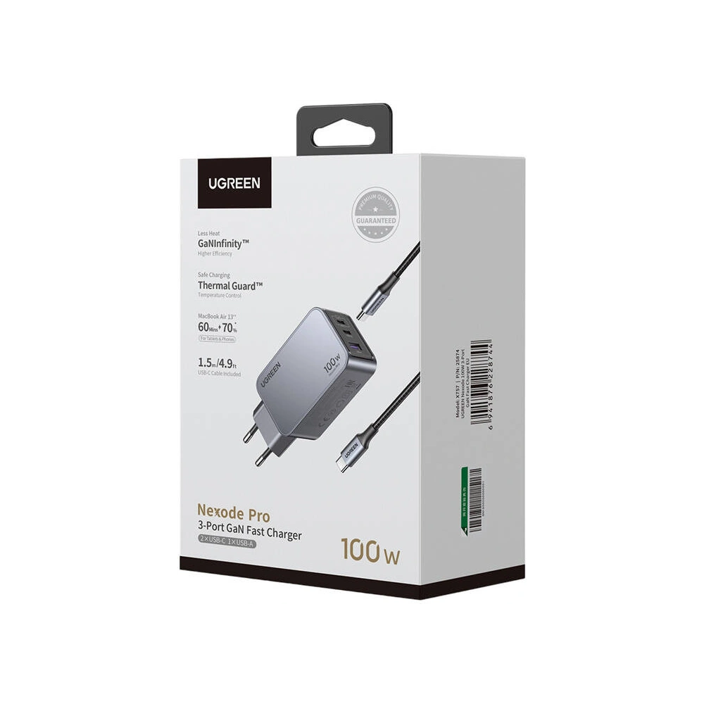 Ładowarka sieciowa UGREEN Nexode Pro 100W GaN USB-A, 2xUSB-C szara