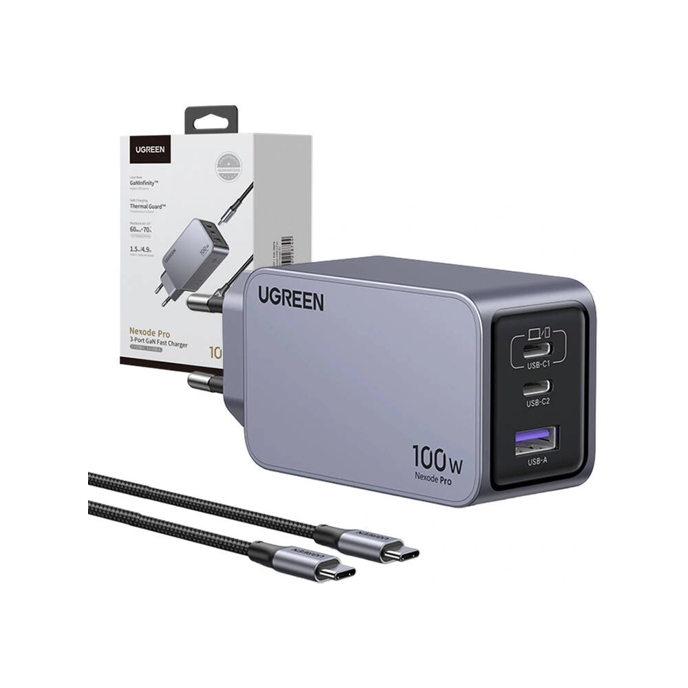 Ładowarka sieciowa UGREEN Nexode Pro 100W GaN USB-A, 2xUSB-C szara