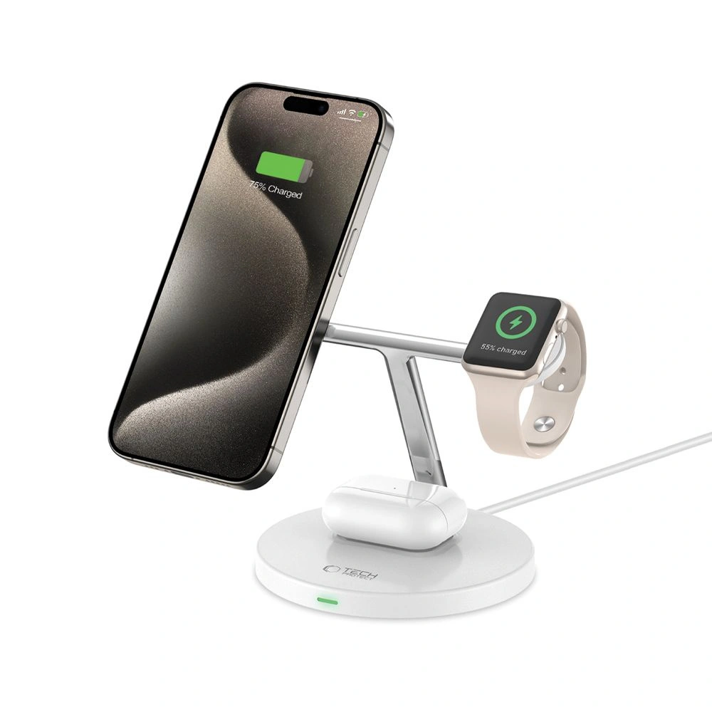 Ładowarka indukcyjna 3w1 Tech-Protect A35 QI 15W Magnetic Magsafe Wireless Charger + kabel USB-C / USB-C 100cm white 