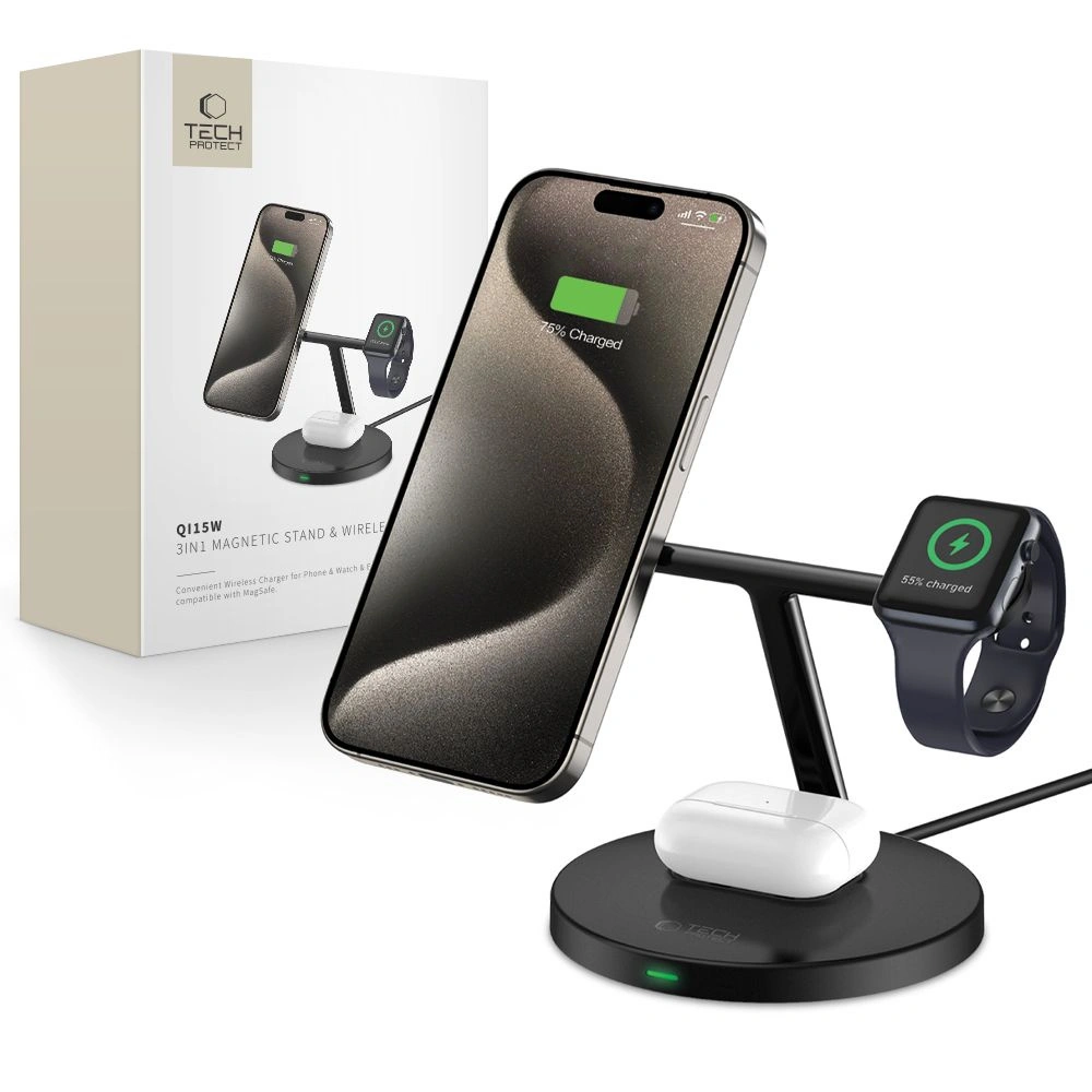 Ładowarka indukcyjna 3w1 Tech-Protect A35 QI 15W Magnetic Magsafe Wireless Charger + kabel USB-C / USB-C 100cm black