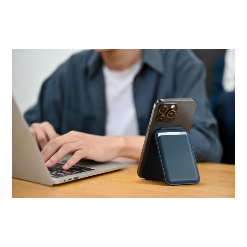 Kup Portemonnaie mit Ständerfunktion Satechi Veganes Leder Wallet Stand MagSafe für iPhone (blau) - STH140 - {ean13} - Sklep Home Screen