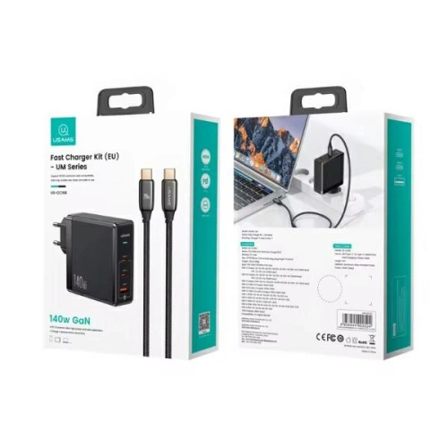 Kup USAMS US-CC168 Netzladegerät USB-A, 2xUSB-C T52 PD 140W Schnellladung + USB-C / USB-C Kabel 240W schwarz/black - USA1117 - {ean13} - Sklep Home Screen