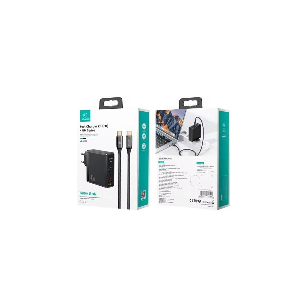 Ładowarka sieciowa USAMS US-CC168 USB-A, 2xUSB-C T52 PD 140W Fast Charging + kabel USB-C / USB-C 240W czarny/black