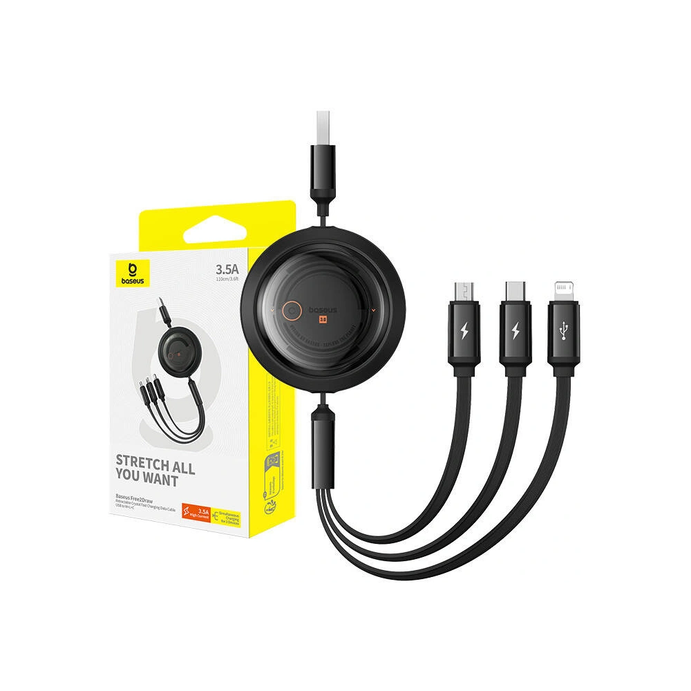 Kabel 3w1 Baseus Free2Draw USB-A / micro USB, Lightning, USB-C 3.5A 1.1m czarny