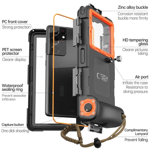 Kup Univerzální voděodolné pouzdro Tech-Protect IPX8 Univerzální potápěčské vodotěsné pouzdro černá/oranžová - THP2902 - {ean13} - Sklep Home Screen