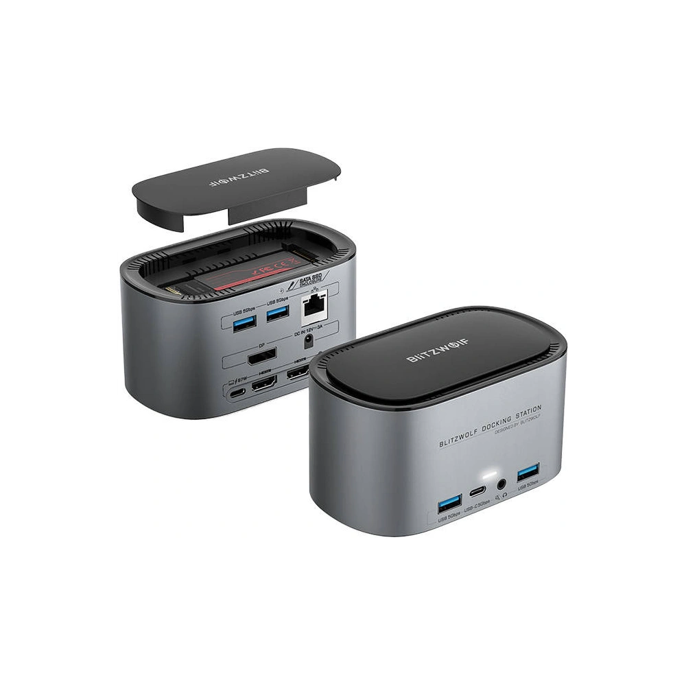 Stacja dokująca 14w1 Blitzwolf BW-TH12 DC, 4xUSB-A 3.0, 3xUSB-C, M.2 SATA 3.0 SSD, 2xHDMI, DP, RJ45, jack 3.5mm