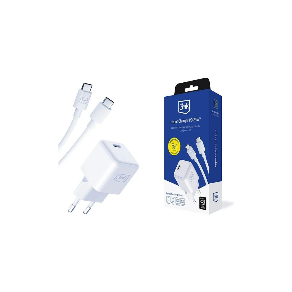 Ładowarka sieciowa 3MK Hyper Charger PD 25W biała/white + kabel USB-C / USB-C