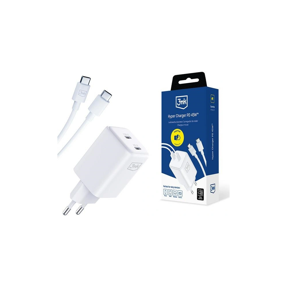 Ładowarka sieciowa 3MK Hyper Charger PD 45W biała/white + 2x kabel USB-C / USB-C