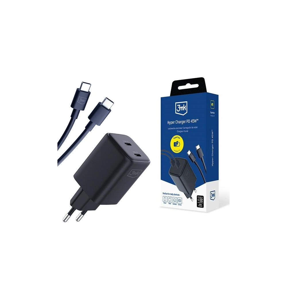 Ładowarka sieciowa 3MK Hyper Charger PD 45W czarna/black + 2x kabel USB-C / USB-C