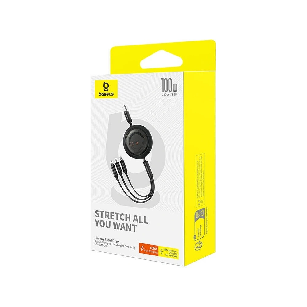 Kabel 3w1 Baseus Free2Draw USB/A / microUSB,Lightning,USB-C, 100W, 1.1 m (czarny)