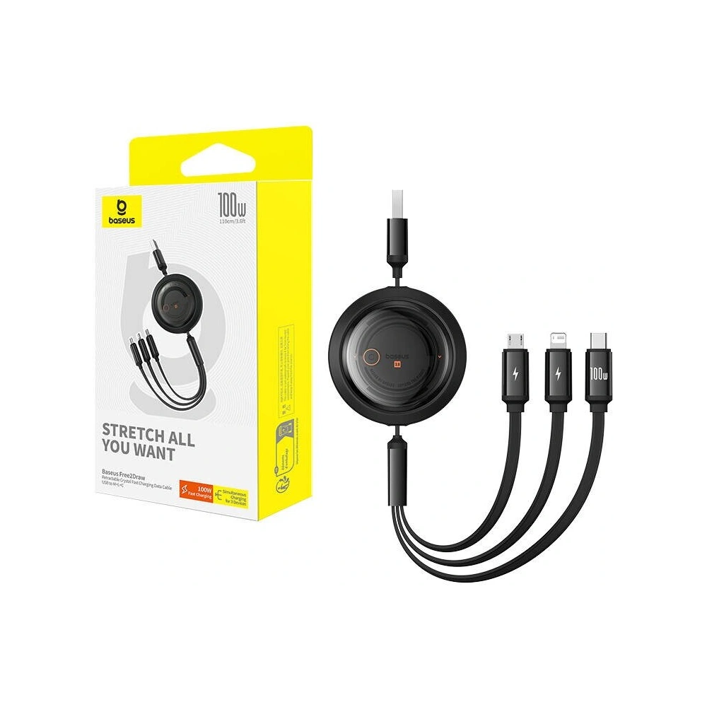 Kabel 3w1 Baseus Free2Draw USB/A / microUSB,Lightning,USB-C, 100W, 1.1 m (czarny)