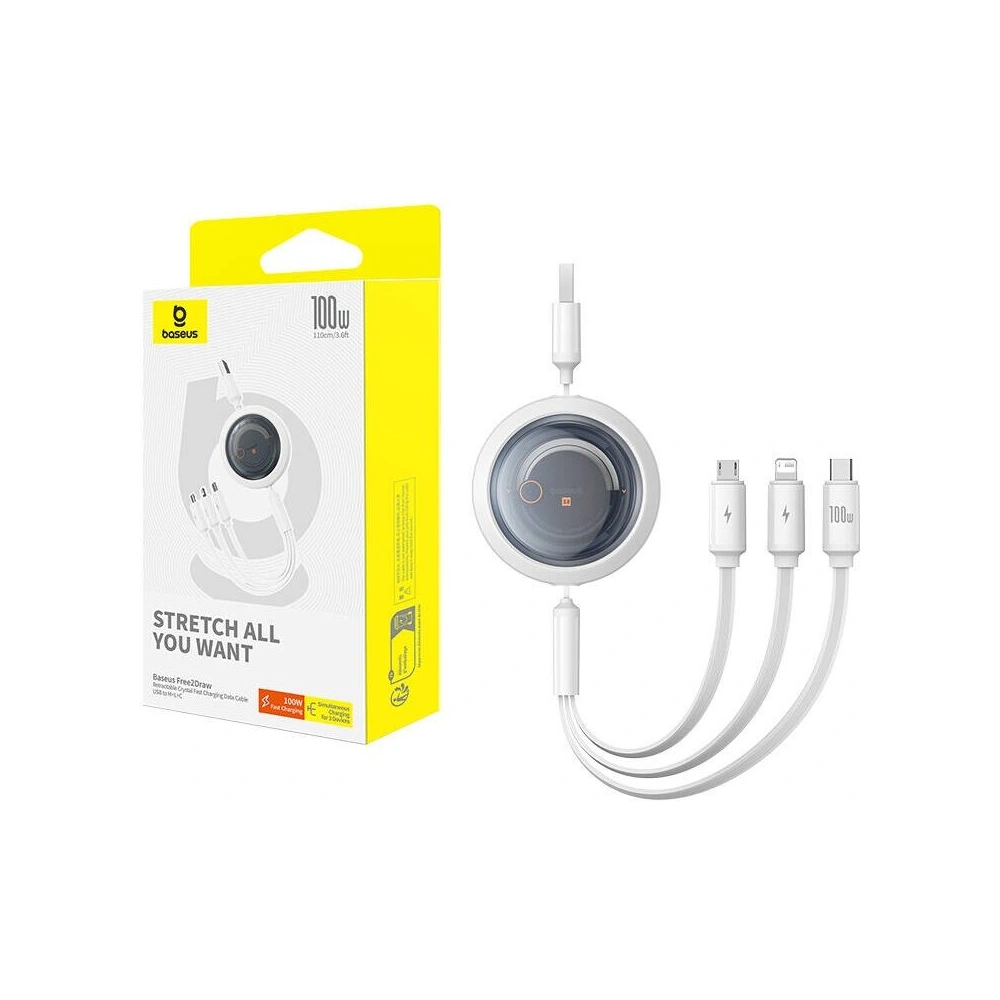 Kabel 3w1 Baseus Free2Draw USB-A / microUSB,Lightning,USB-C, 100W, 1.1 m (biały)