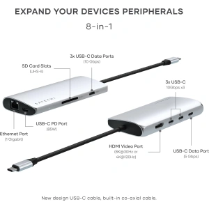 Kup Adapter Satechi USB-C Multiport 8K USB-C / USB-C, HDMI, 3xUSB-A 3.2 Gen 2 10Gbps, USB-A 3.2 Gen 1 5Gbps, SD/TF argintiu - STH138 - {ean13} - Sklep Home Screen
