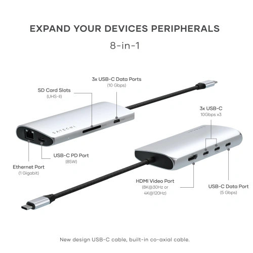 Kup Adapter Satechi USB-C Multiport 8K USB-C / USB-C, HDMI, 3xUSB-A 3.2 Gen 2 10Gbps, USB-A 3.2 Gen 1 5Gbps, SD/TF argintiu - STH138 - {ean13} - Sklep Home Screen