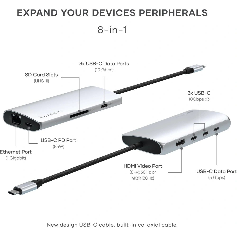 Adapter Satechi USB-C Multiport 8K USB-C / USB-C, HDMI, 3xUSB-A 3.2 Gen 2 10Gbps, USB-A 3.2 Gen 1 5Gbps, SD/TF silver