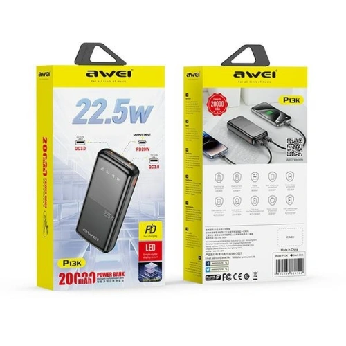 Buy AWEI P13K powerbank 20000mAh 22.5W Digital Display black - AWEI200 - {ean13} - Home Screen Store Europe