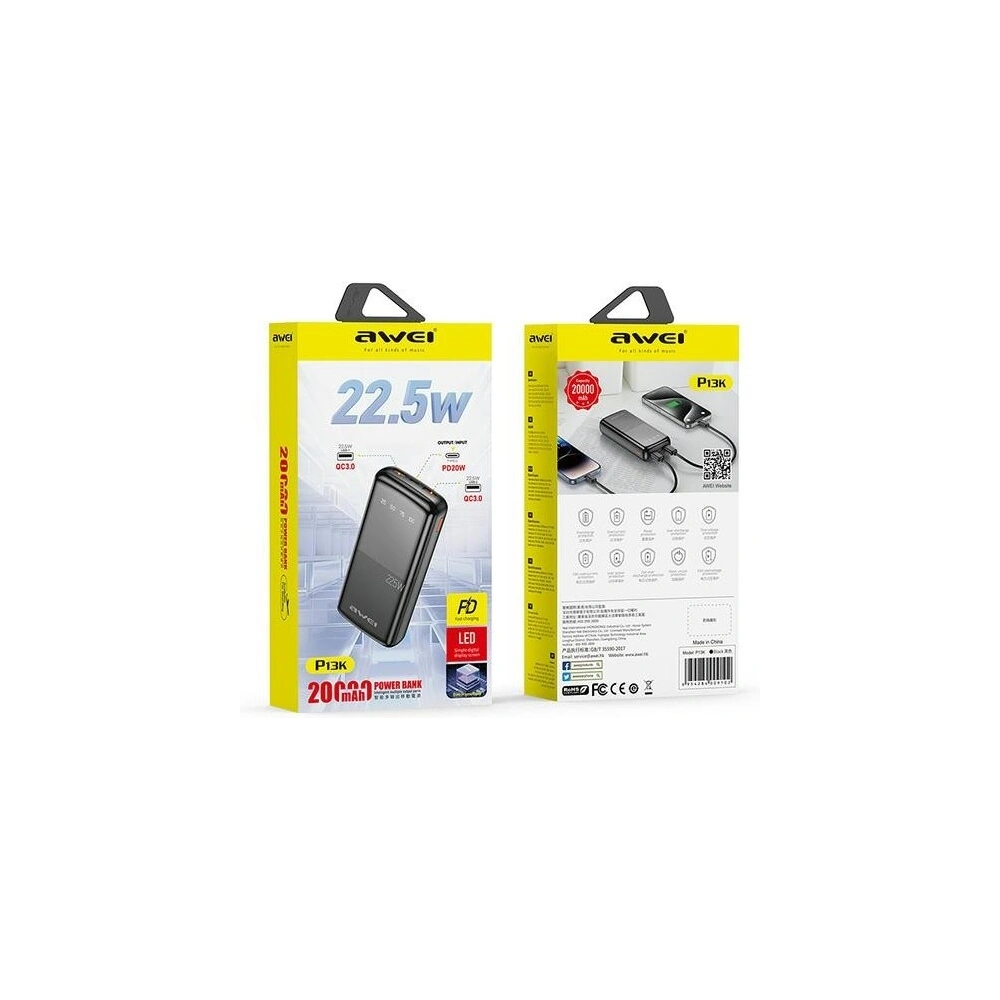 Powerbank AWEI P13K 20000mAh 22.5W Digital Display czarny/black