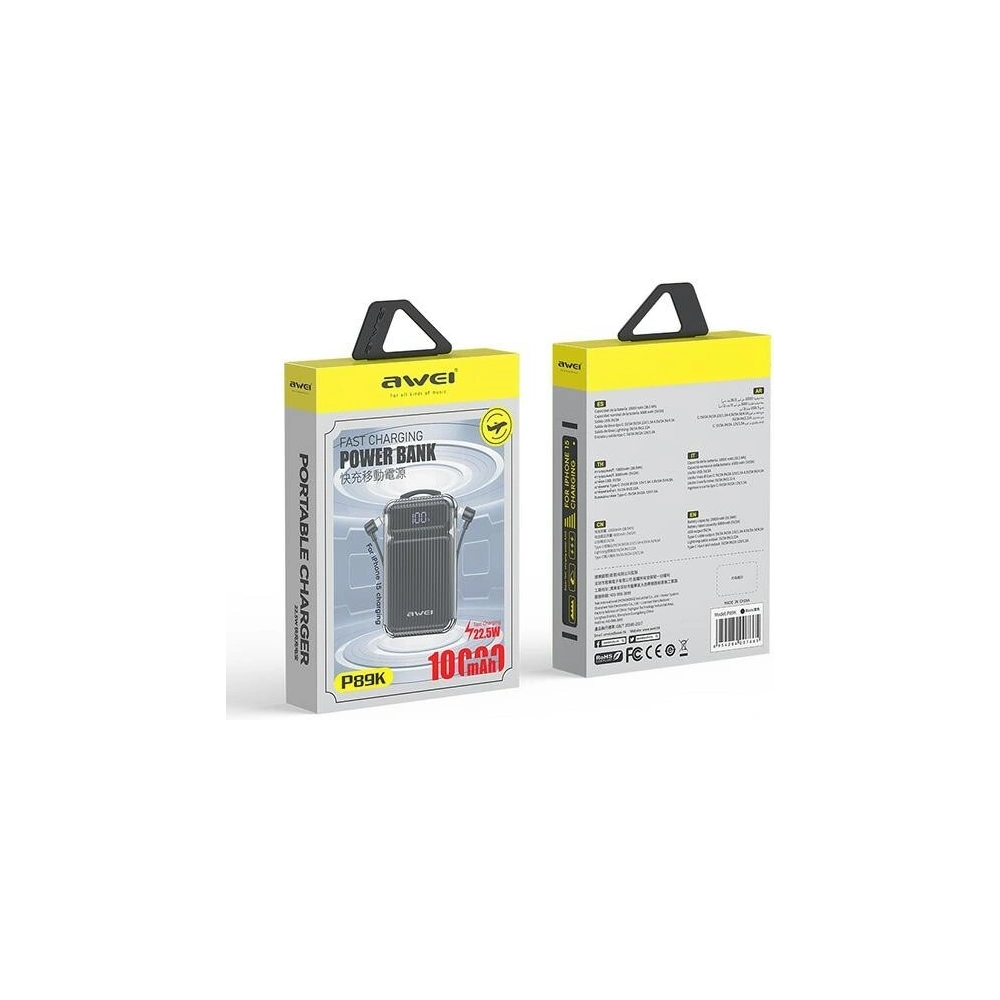 Powerbank AWEI P89K 10000mAh 38,5W czarny/black + kabel USB-C / Lightning