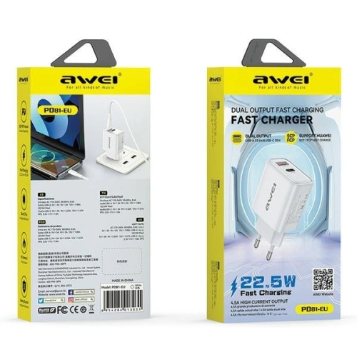 Kup Încărcător de rețea AWEI PD81-EU 22.5W GaN alb/white - AWEI205 - {ean13} - Sklep Home Screen