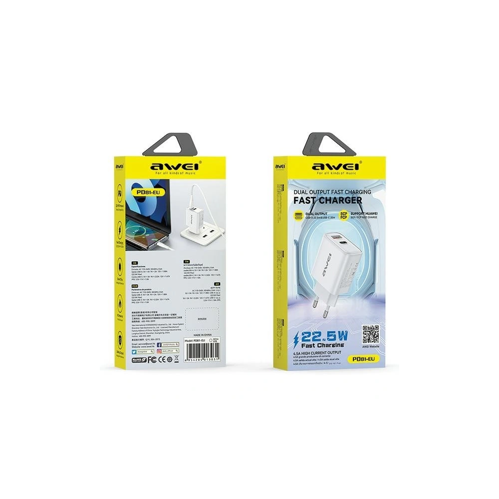 Ładowarka sieciowa AWEI PD81-EU 22.5W GaN biała/white