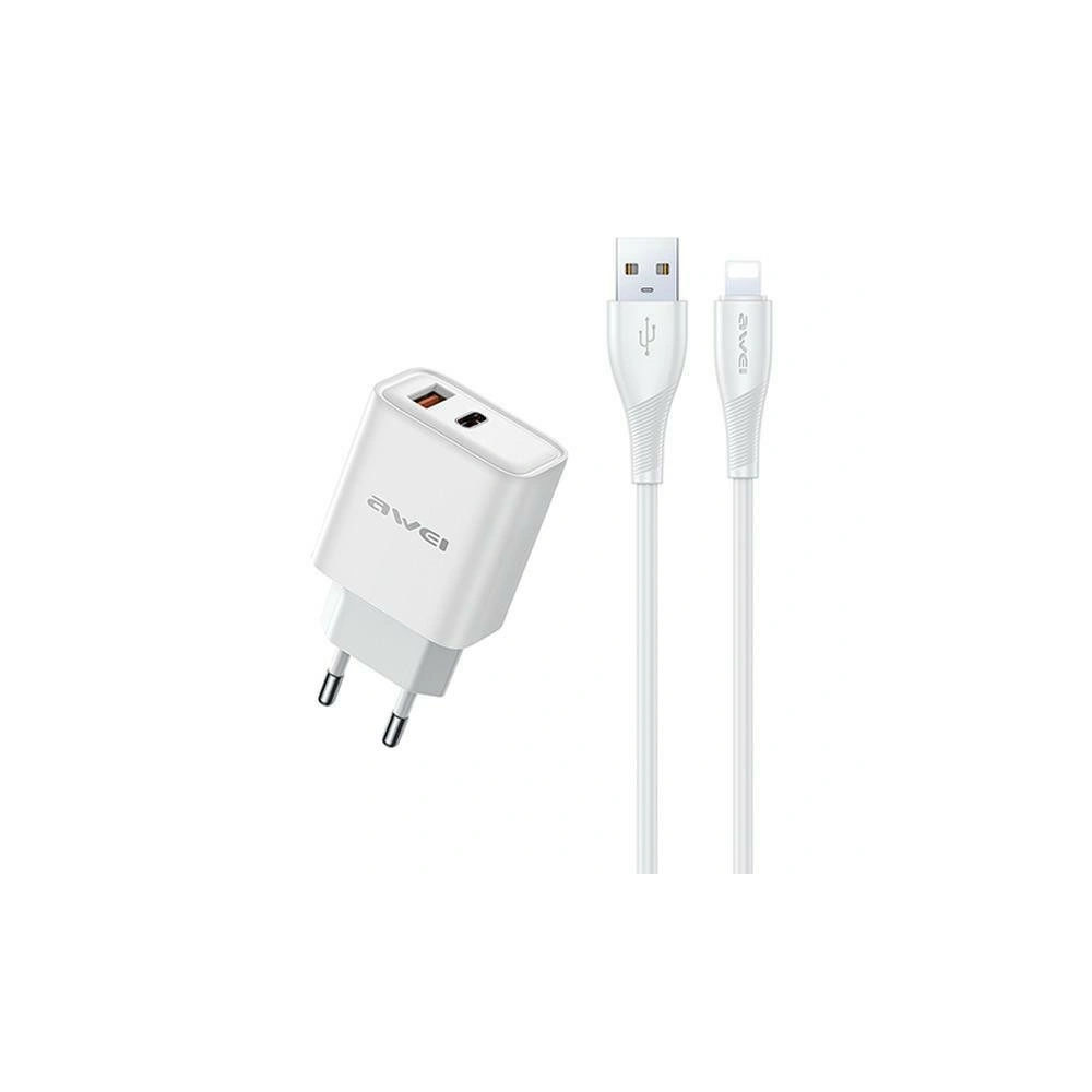 Ładowarka sieciowa AWEI PD81L-EU GaN 22.5W + kabel USB-A / Lightning biała/white