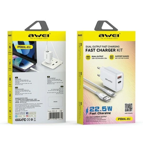 Kup Síťová nabíječka AWEI PD81L-EU GaN 22.5W + kabel USB-A / Lightning bílá/bílá - AWEI206 - {ean13} - Sklep Home Screen