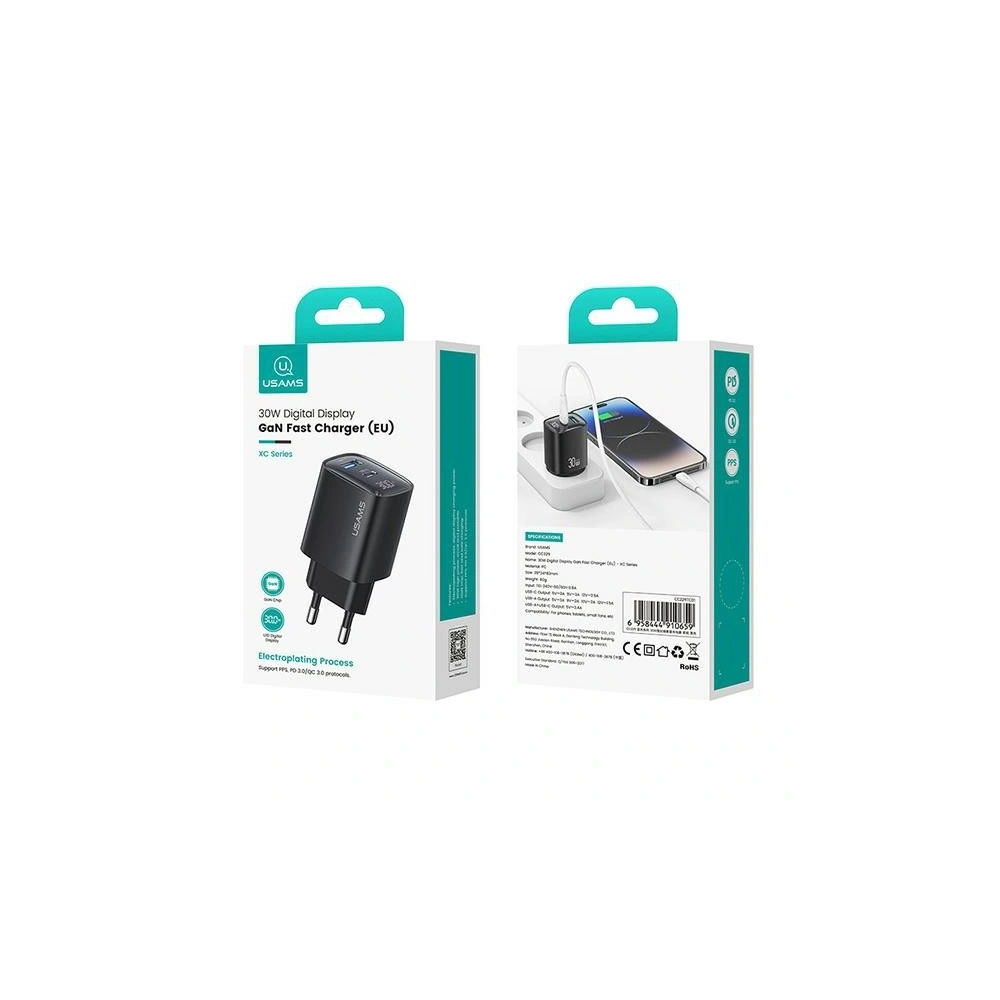 Ładowarka sieciowa USAMS CC229 USB-A, USB-C 30W GaN Fast Charging XC Series czarny/black