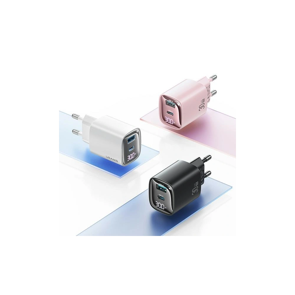 Ładowarka sieciowa USAMS CC229 USB-A, USB-C 30W GaN Fast Charging XC Series różowy/pink