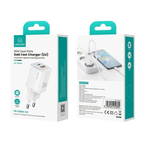 Kup USAMS CC254 USB-A, USB-C 30W GaN Fast Charging Netzteil HC Series weiß/white - USA1154 - {ean13} - Sklep Home Screen