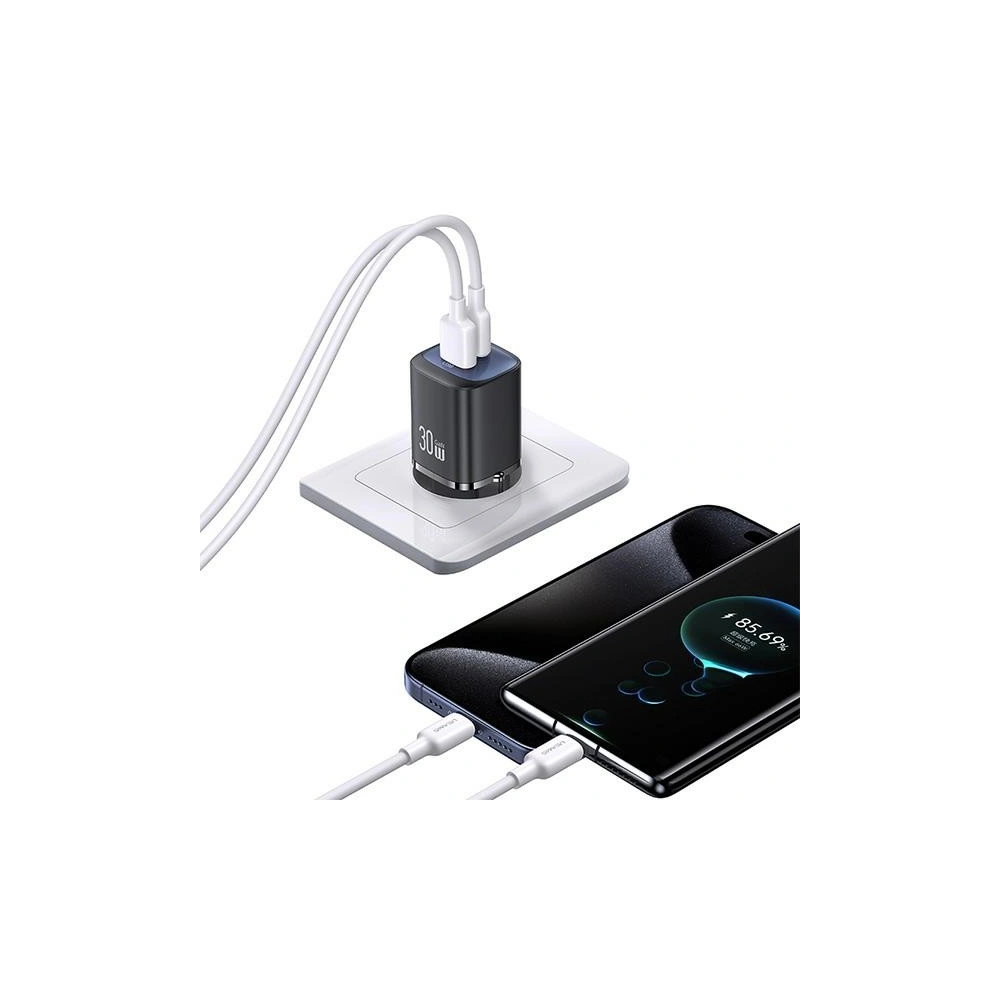 Ładowarka sieciowa USAMS CC254 USB-A, USB-C 30W GaN Fast Charging HC Series fioletowy/purple