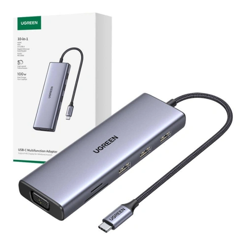 Kup UGREEN USB-C Adapter / CM498 3xUSB-A 3.0, USB-C PD 100W, HDMI 4K30Hz, VGA, RJ45, SD/TF grau - UGR1864 - {ean13} - Sklep Home Screen
